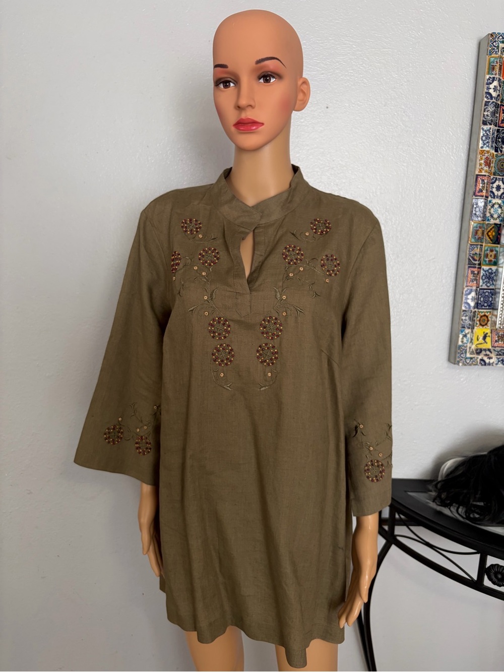 Embroidered Olive Tunic Top with Keyhole Neck